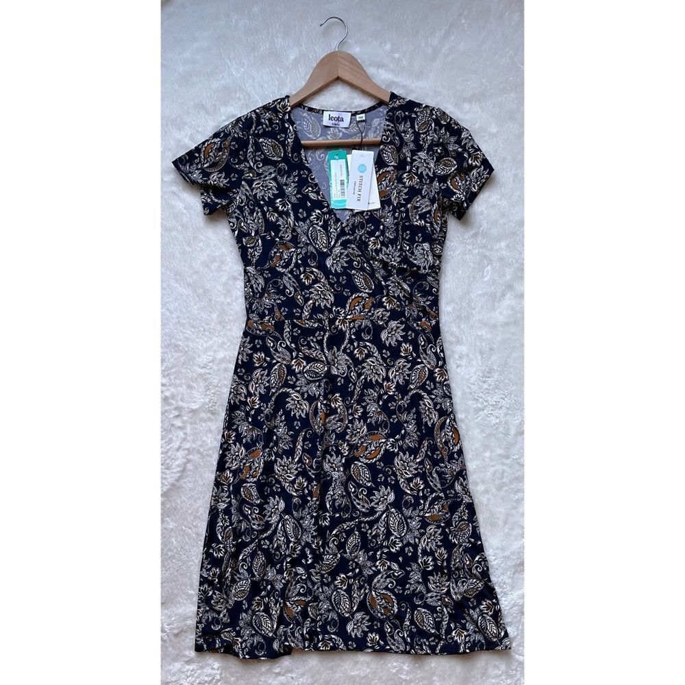 NWT LEOTA Jemima Faux Perfect Wrap Knit Cap Sleeve Dress Floral Paisley Navy